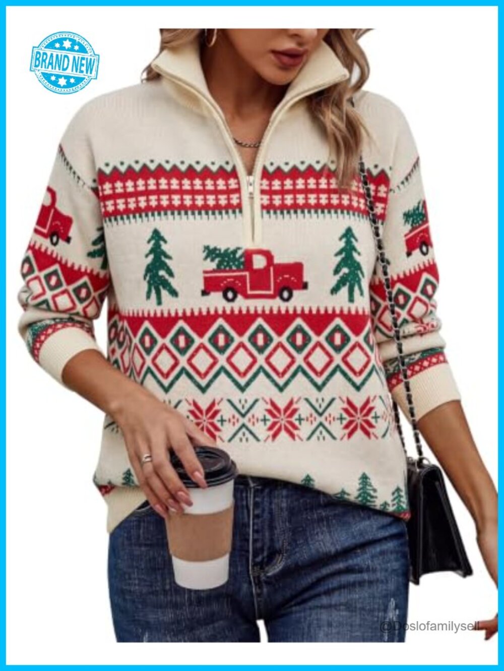 Quarter Zip Ugly Christmas Sweater Women Oversized Knit Pullover